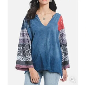 We The Free - Shibuya Patchwork Tee Blue Bandana Mix Print Festival Boho - SizeS